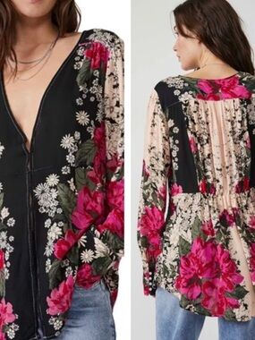 Free People Black Mikayla Split-Neck Long Sleeve Blouse/Tunic Small